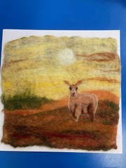 Needle felted picture made by Sheila M of a sheep